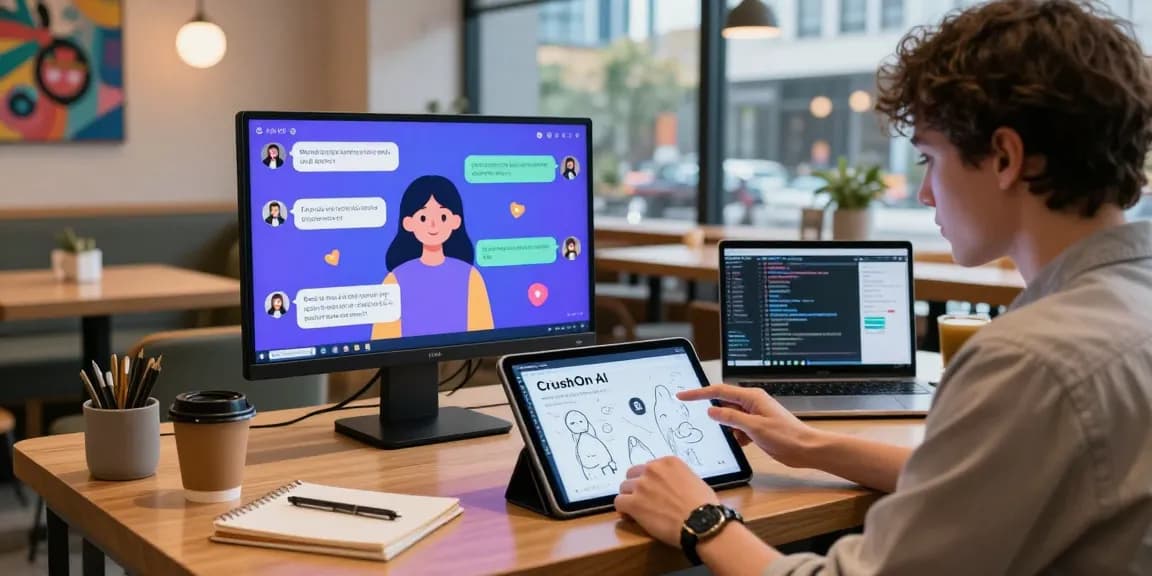 Engaging user experience with CrushOn AI in a tech cafe, showcasing vibrant chat interactions.