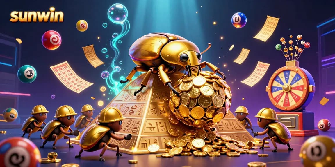 Win exciting rewards at Sunwin with a thrilling game scene featuring unique golden characters and casino elements.