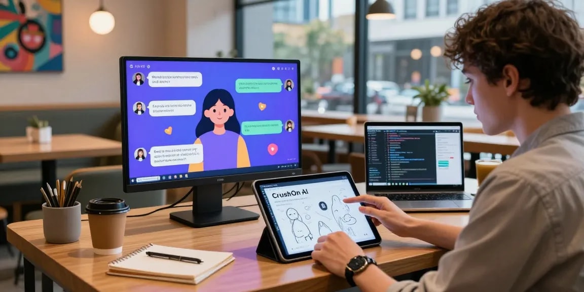 Engaging user experience with CrushOn AI in a tech cafe, showcasing vibrant chat interactions.