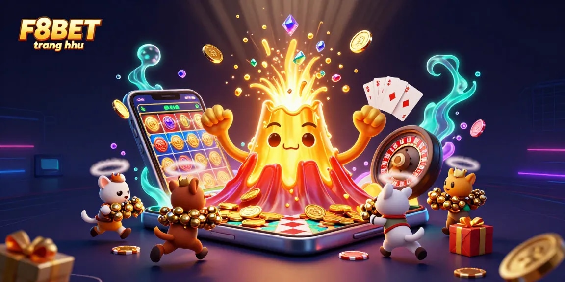 Experience the excitement of F8BET trang chủ with a vibrant 3D casino scene, showcasing thrilling games and treasures.