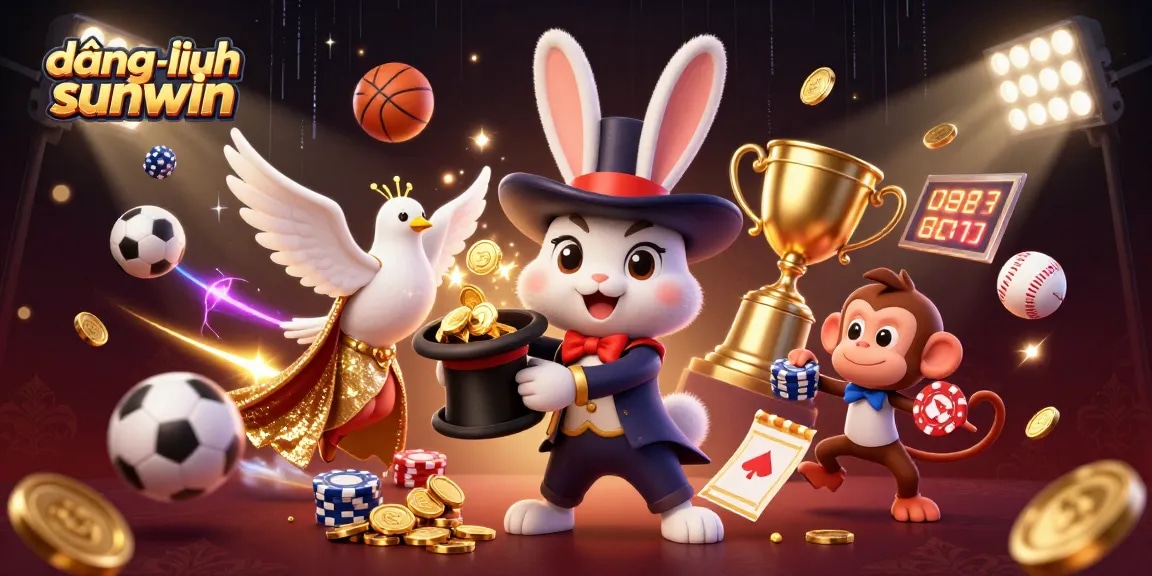 Engage in thrilling gaming adventures with đăng nhập sunwin, featuring a dynamic 3D scene of magical characters and sports elements.