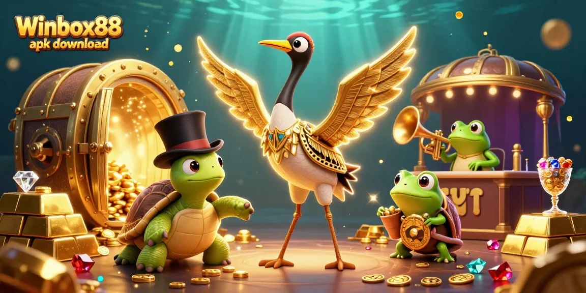 Access Winbox88 apk download through a vibrant 3D illustration depicting fun gambling elements.