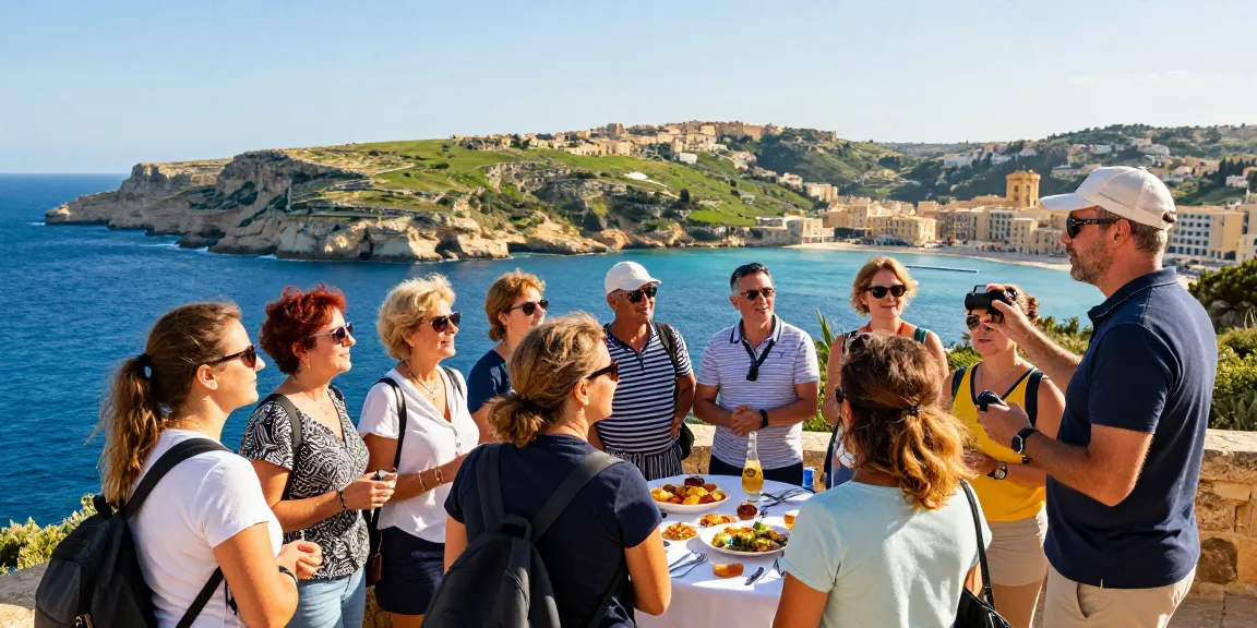 Group of travelers on a Malta Gozo tour capturing stunning coastal views.