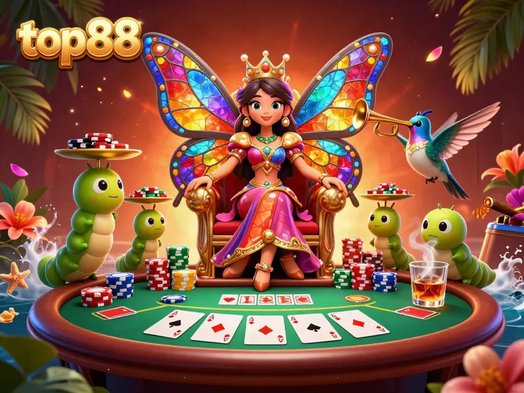 Engage in top88 poker with a whimsical butterfly queen and colorful chip-filled scene.