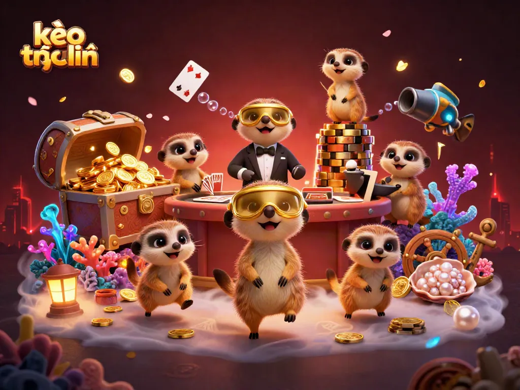Engaging 3D meerkat casino scene featuring kèo trực tuyến characters amidst vibrant gaming elements.