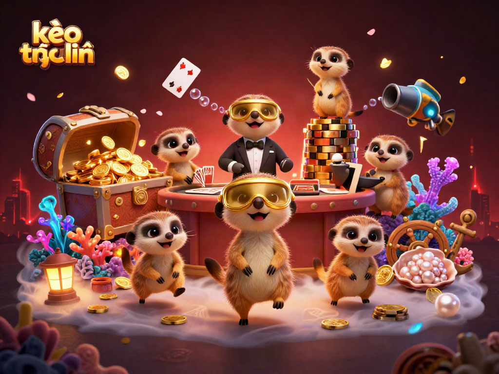 Engaging 3D meerkat casino scene featuring kèo trực tuyến characters amidst vibrant gaming elements.