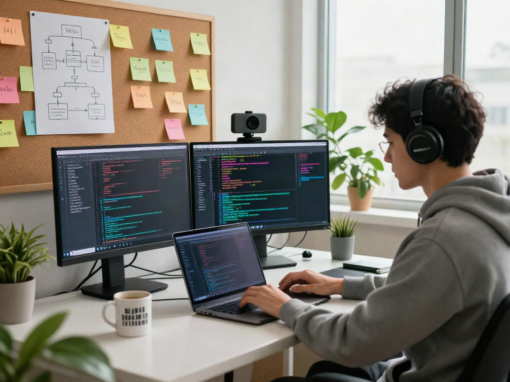 Dynamic AI development workspace showcasing crushon ia innovation with vibrant data visuals.