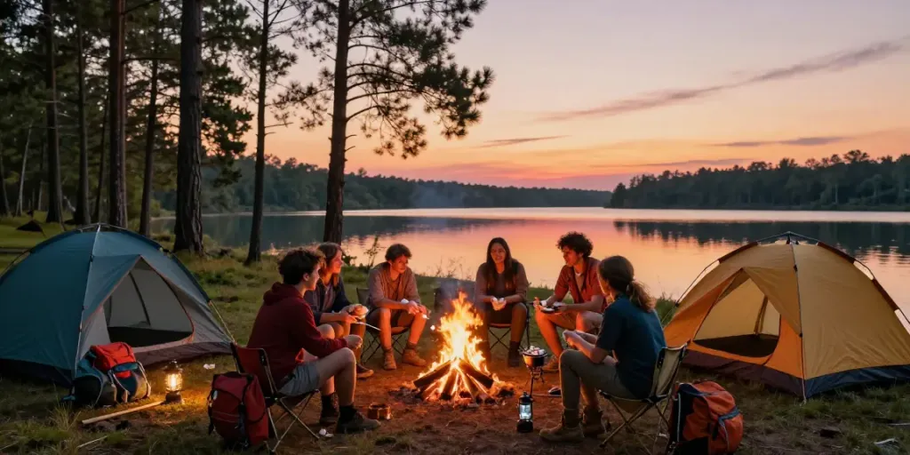 Campers enjoying a cozy fire while showcasing rokok88 link camping gear in nature.