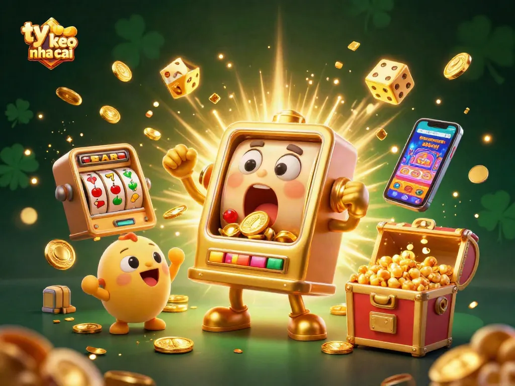 Engaging illustration of "ty le keo nha cai" with a golden slot machine hitting a jackpot while coins explode around it.