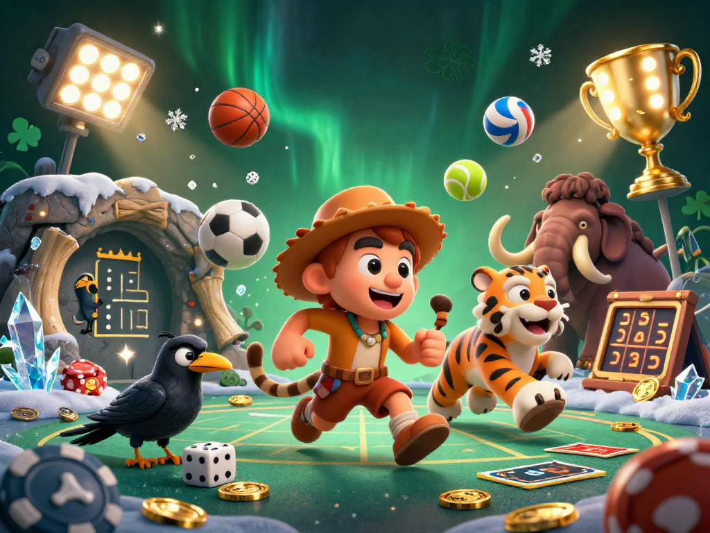 W88 unleashes excitement with a dynamic prehistoric casino scene featuring sports elements and clever characters.
