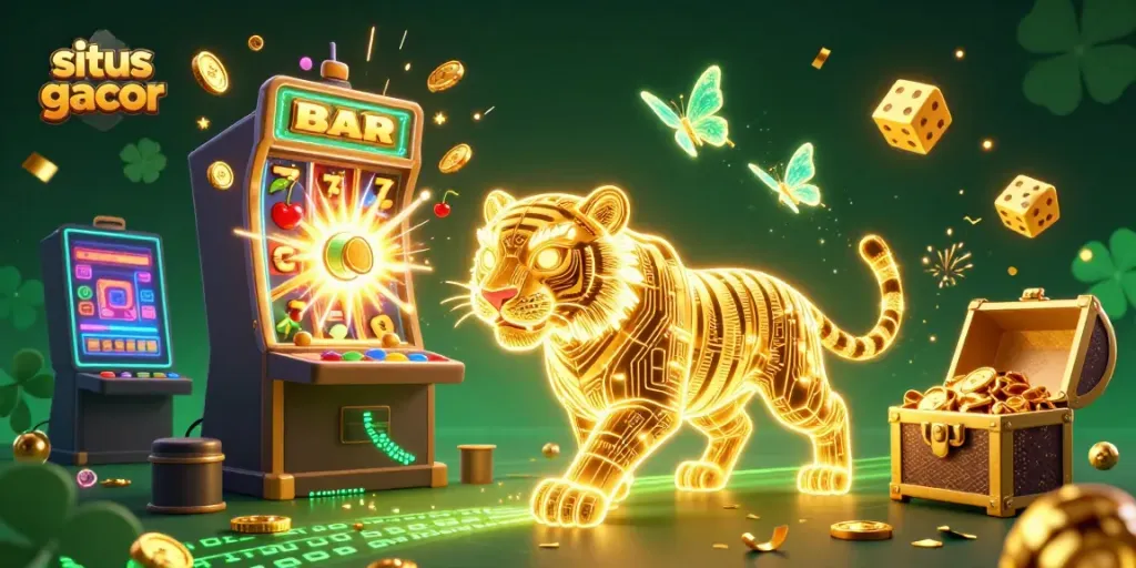 Experience the thrill of situs gacor with a neon golden tiger in a digital casino, surrounded by jackpot winnings.