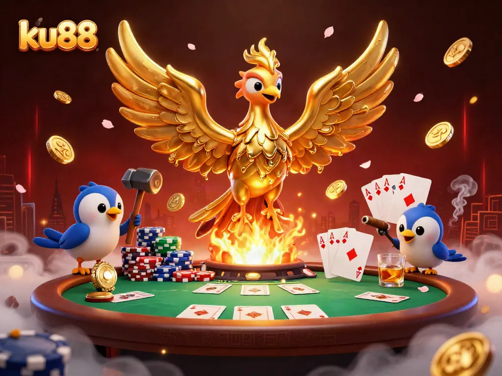 Experience the thrill of ku88 gaming with a detailed scene of a phoenix emerging from gold, poker elements abound.
