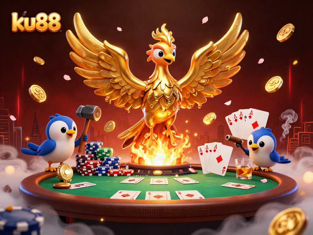 Experience the thrill of ku88 gaming with a detailed scene of a phoenix emerging from gold, poker elements abound.