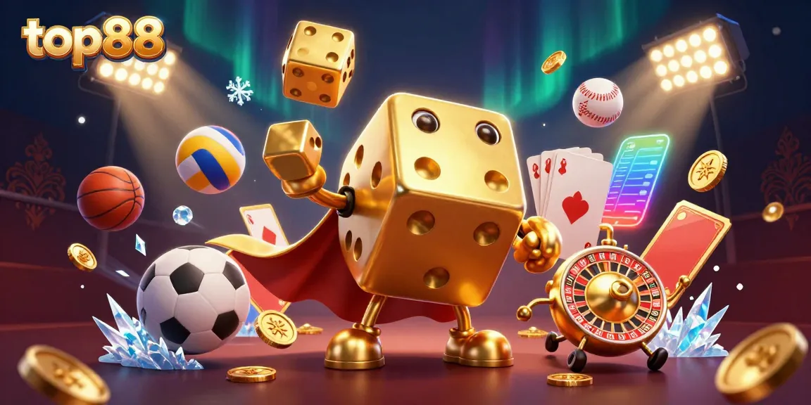Join the fun with top88's vibrant gambling scene featuring golden dice and sports elements.