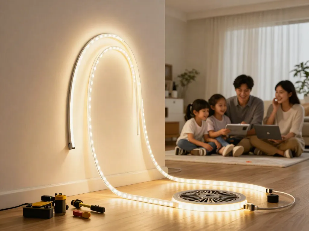 Instalator profesionist montând banda led 220v într-un interior modern, servicii locale de încredere.