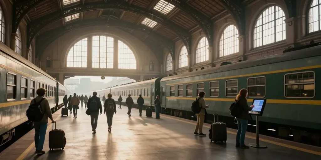 A busy historic train station showcasing excitement for one way train ticket journeys.