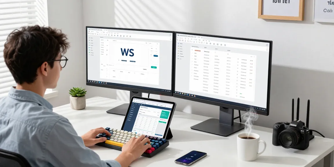Download WPS Office interface displayed on dual monitors in a productive modern office.