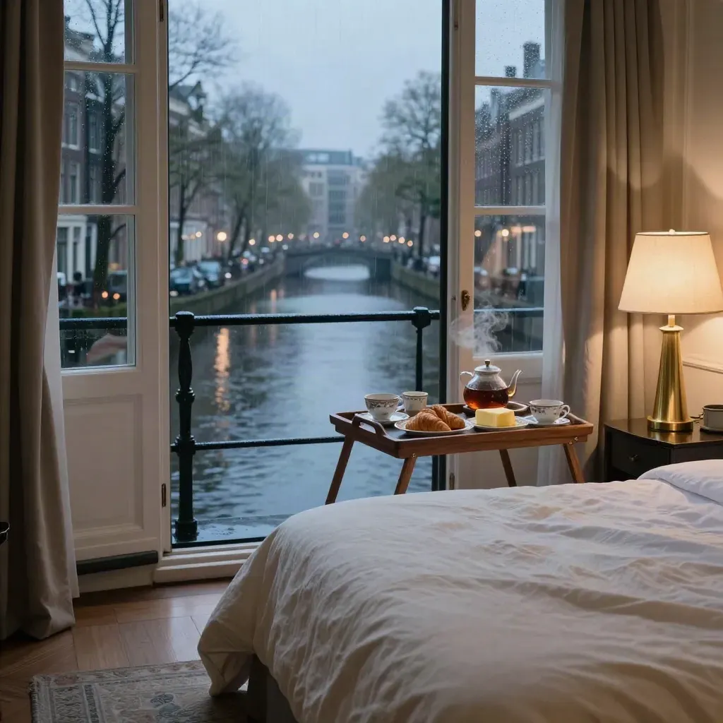 Amsterdam canal suite with breakfast tray, brass lamp, open balcony doors and blue-hour canal lights.