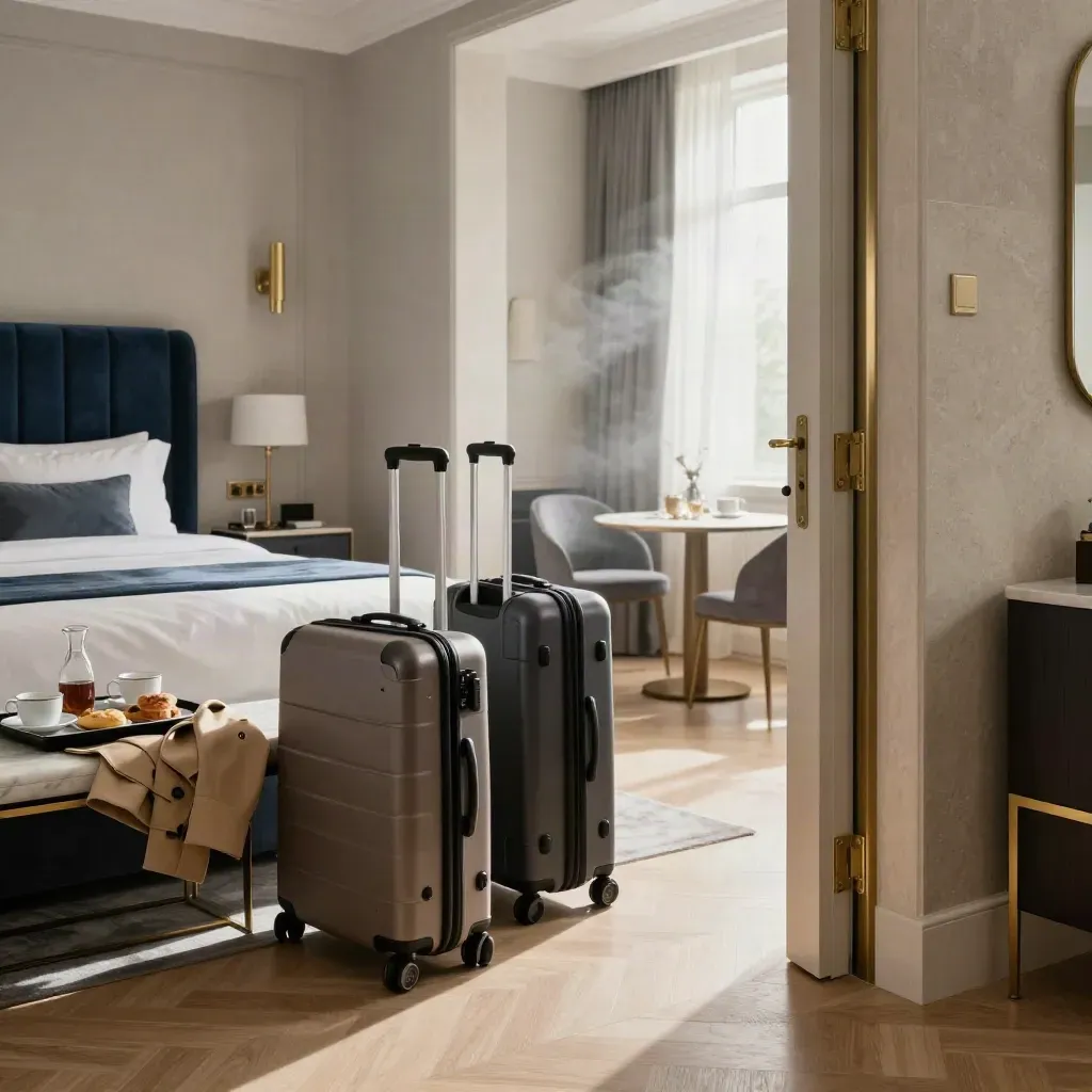 Two suitcases and a trench coat in a boutique hotel room with breakfast on the bed.