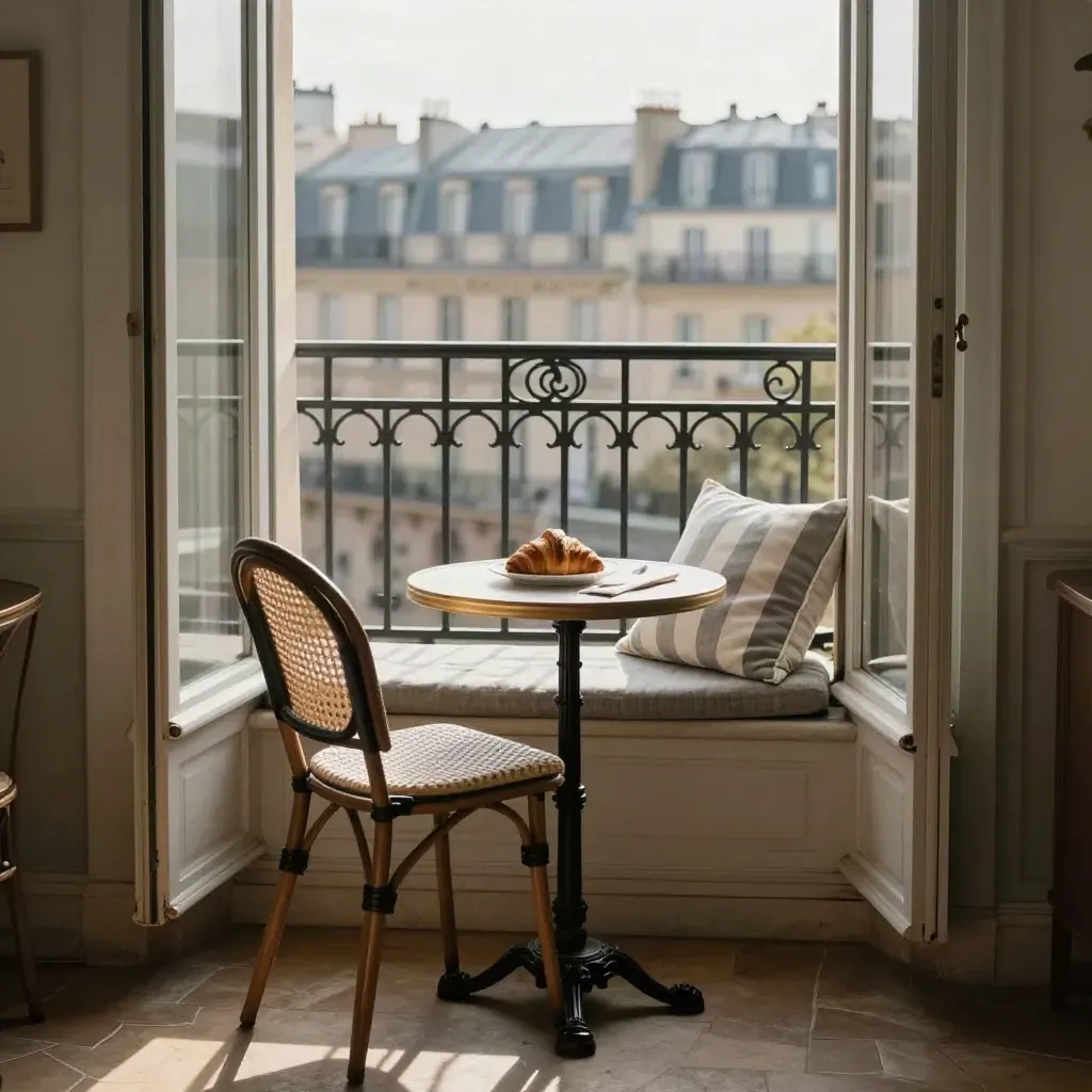 Open French doors, café chair, striped cushion and croissant on a Paris balcony suite.