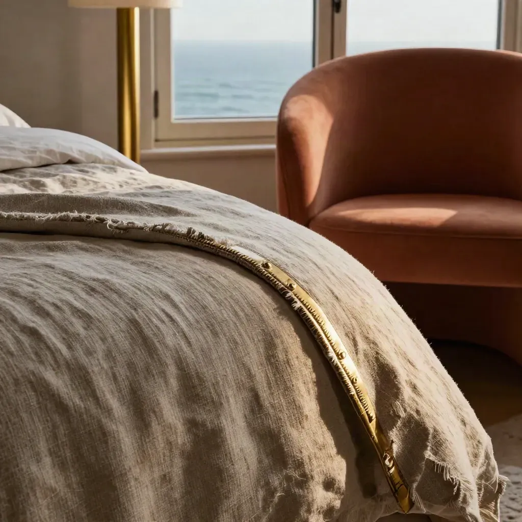 Macro of Lisbon hotel room linens, brass lamp edge, woven throw and terracotta chair in warm late sun.