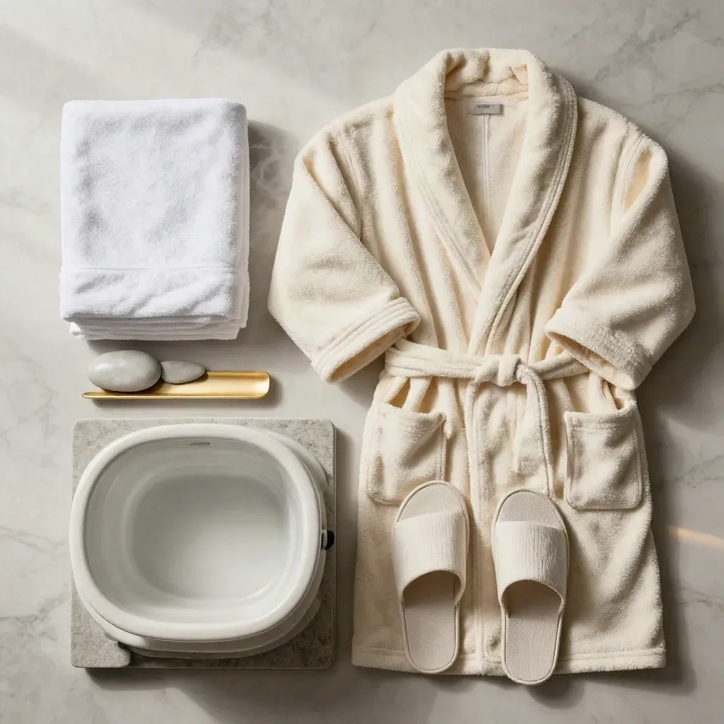 Spa robe, towel, foot bath, slippers and stone tray arranged on pale marble with soft steam.