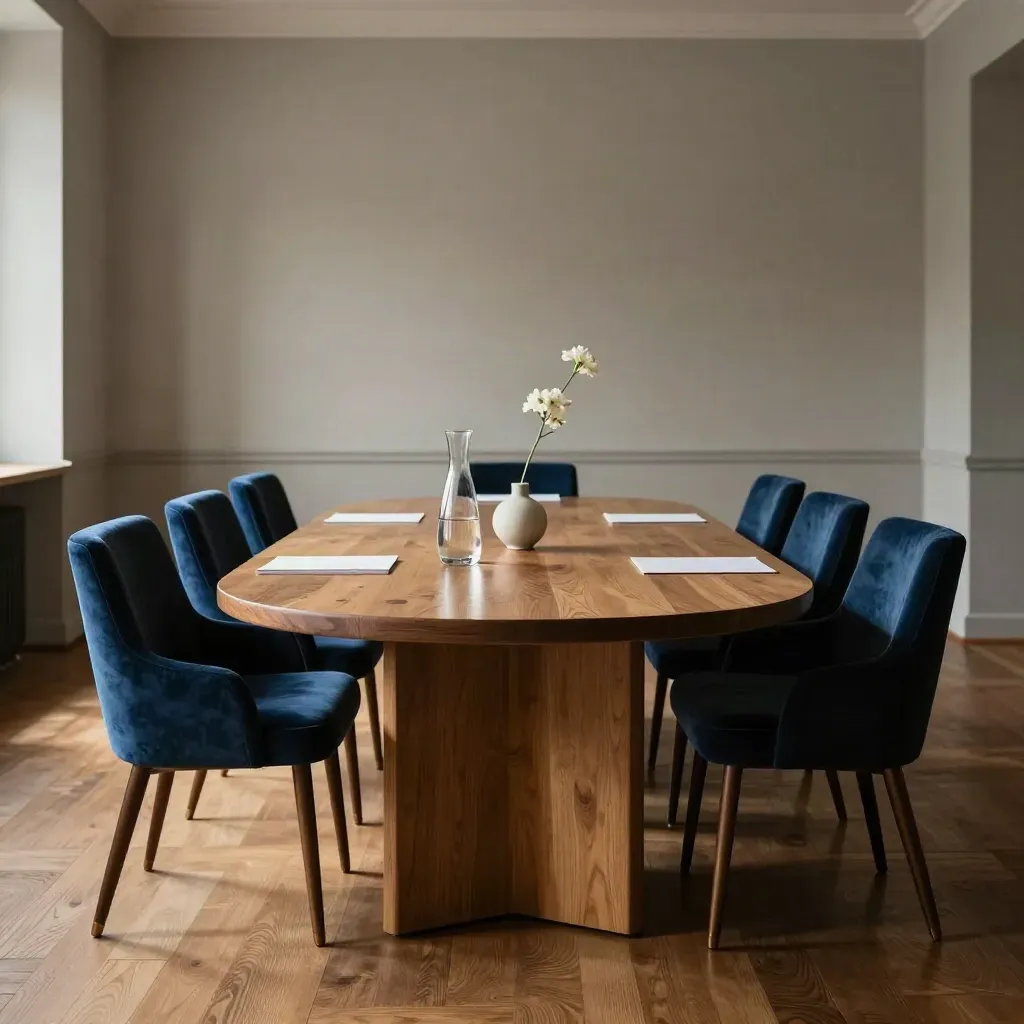Elegant Prague meeting room set with oak table, velvet chairs, carafe and floral stem.