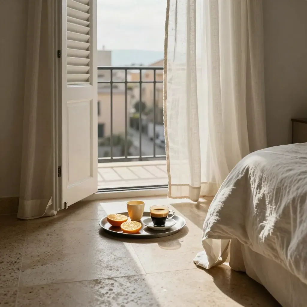 Barcelona balcony room with open shutters, curtains, citrus tray, and espresso cups in daylight.