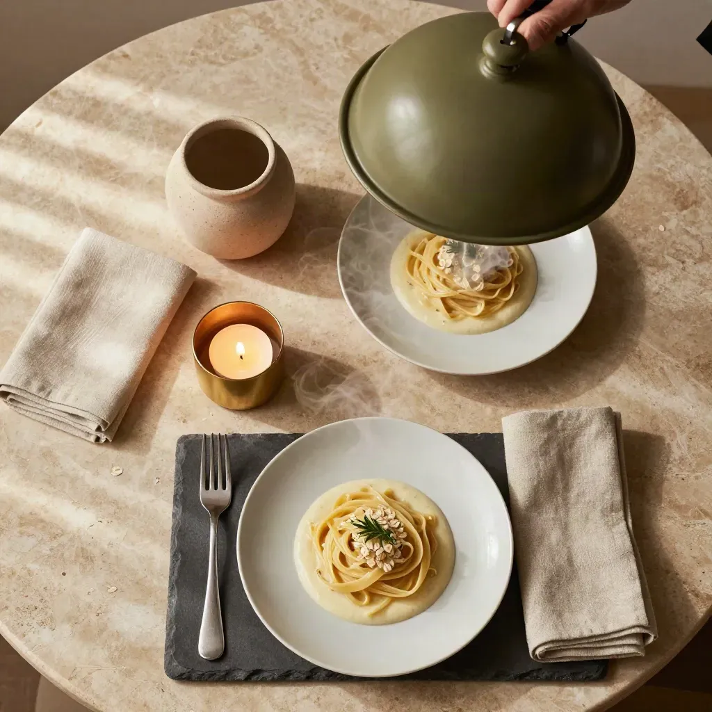 Overhead Rome dinner flatlay with pasta, steam, cloche, linen napkins and candlelight.