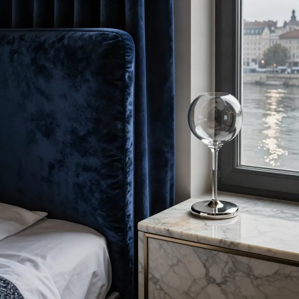 Macro hotel textures: velvet headboard, drape, marble table and glass lamp with Danube night shimmer.