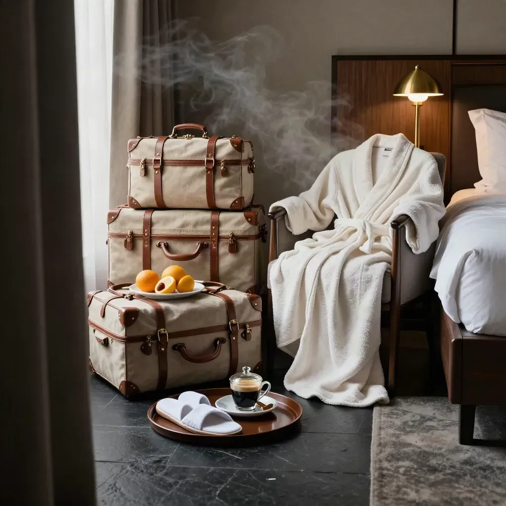 Luxurious hotel suite scene with luggage, robe, breakfast tray, slippers and brass lamp in moody light