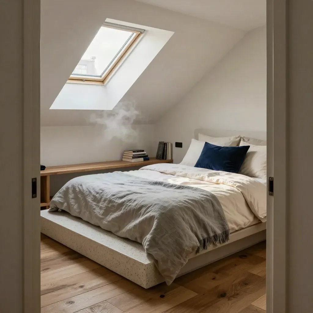 Amsterdam loft bedroom with skylight, linen bed, reading nook, bench, and soft canal mist