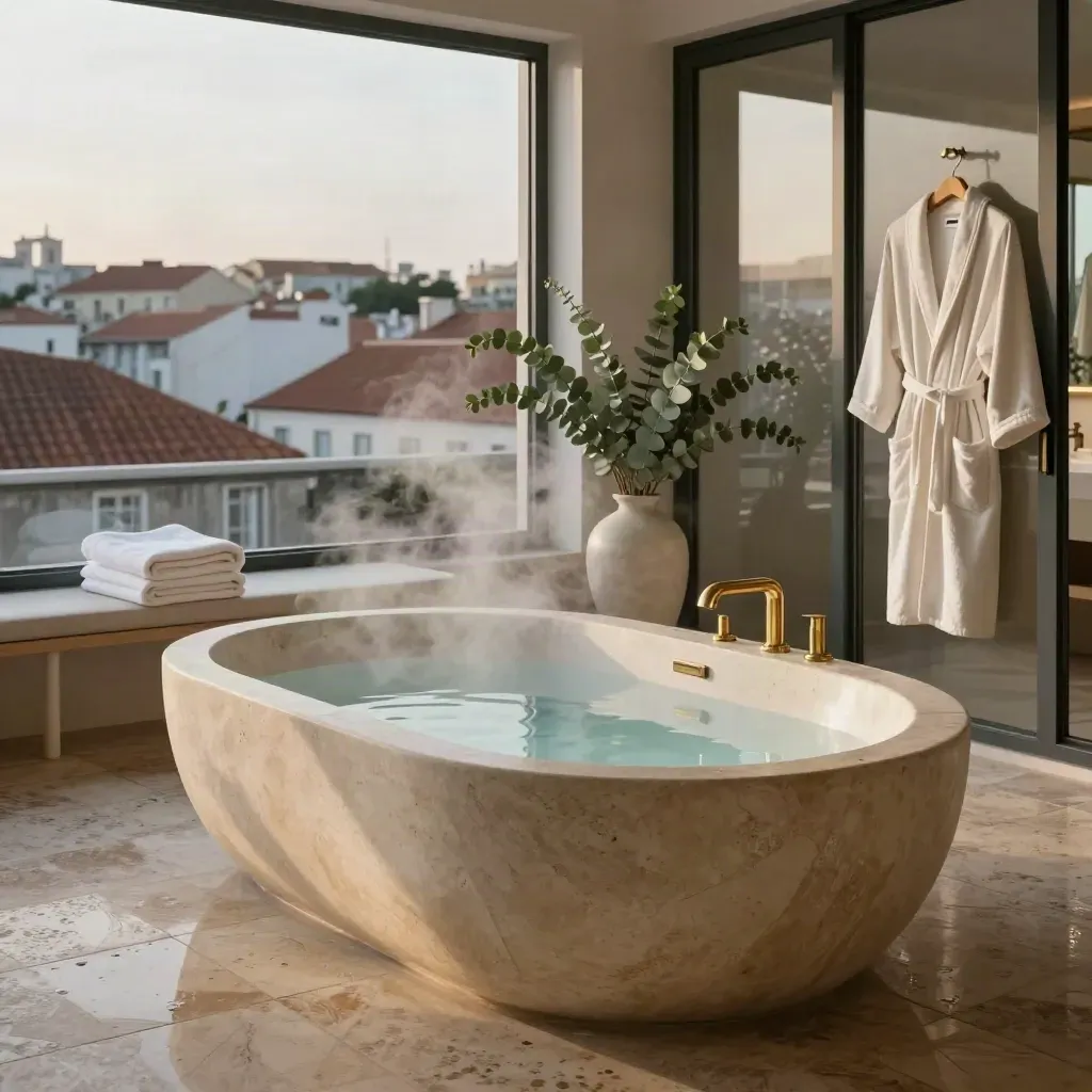 Stone spa tub with steam, robes, eucalyptus and terrace doors in a Lisbon hotel suite