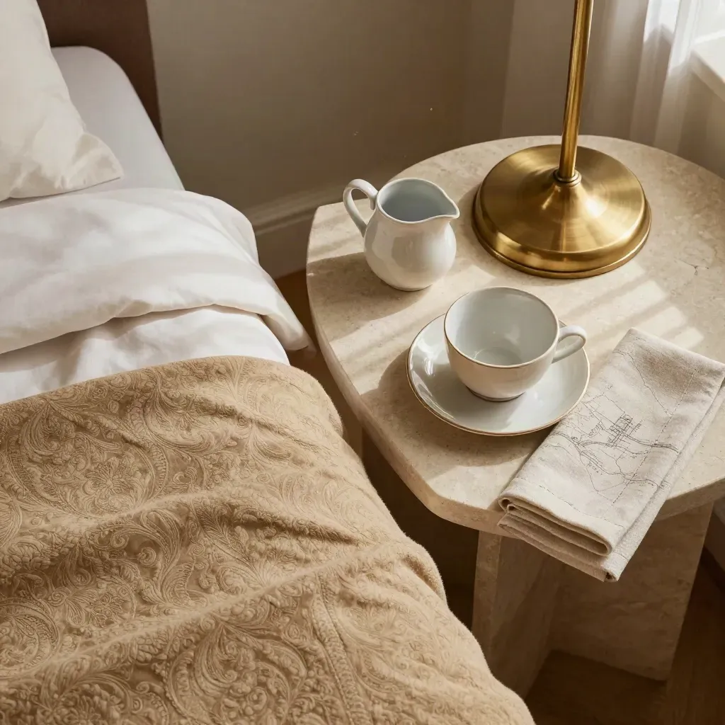 Overhead hotel suite flatlay with bed corner, brass lamp base, ceramic coffee set, and breakfast linens.