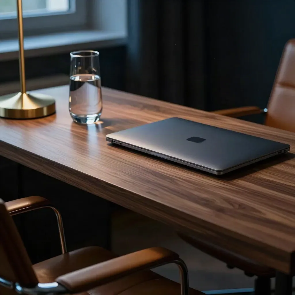 Macro close-up of a Vienna business room desk with walnut, leather, brass, laptop and carafe