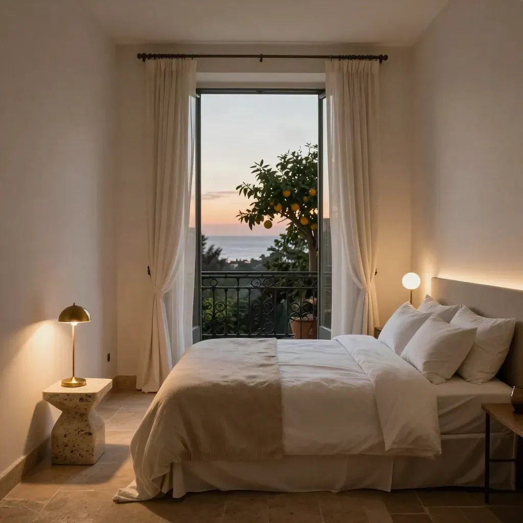 Barcelona balcony suite with sheer curtains, wrought-iron doors, and a citrus tree at dusk.