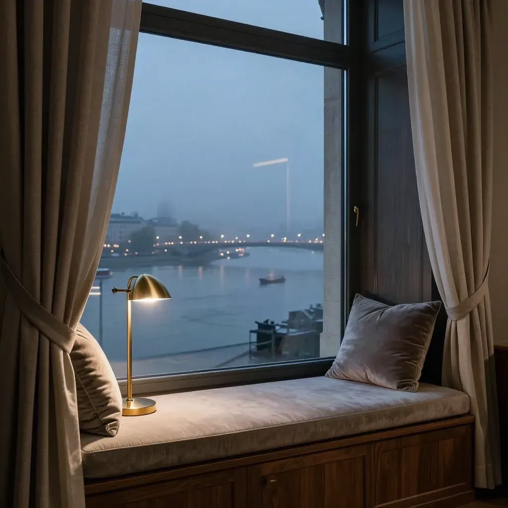 Night Budapest hotel room with a velvet window seat and Danube lights through broad glass