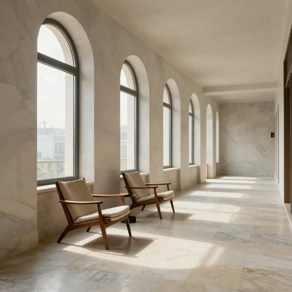 Marble hotel corridor with arched windows and two empty lounge chairs in soft daylight.