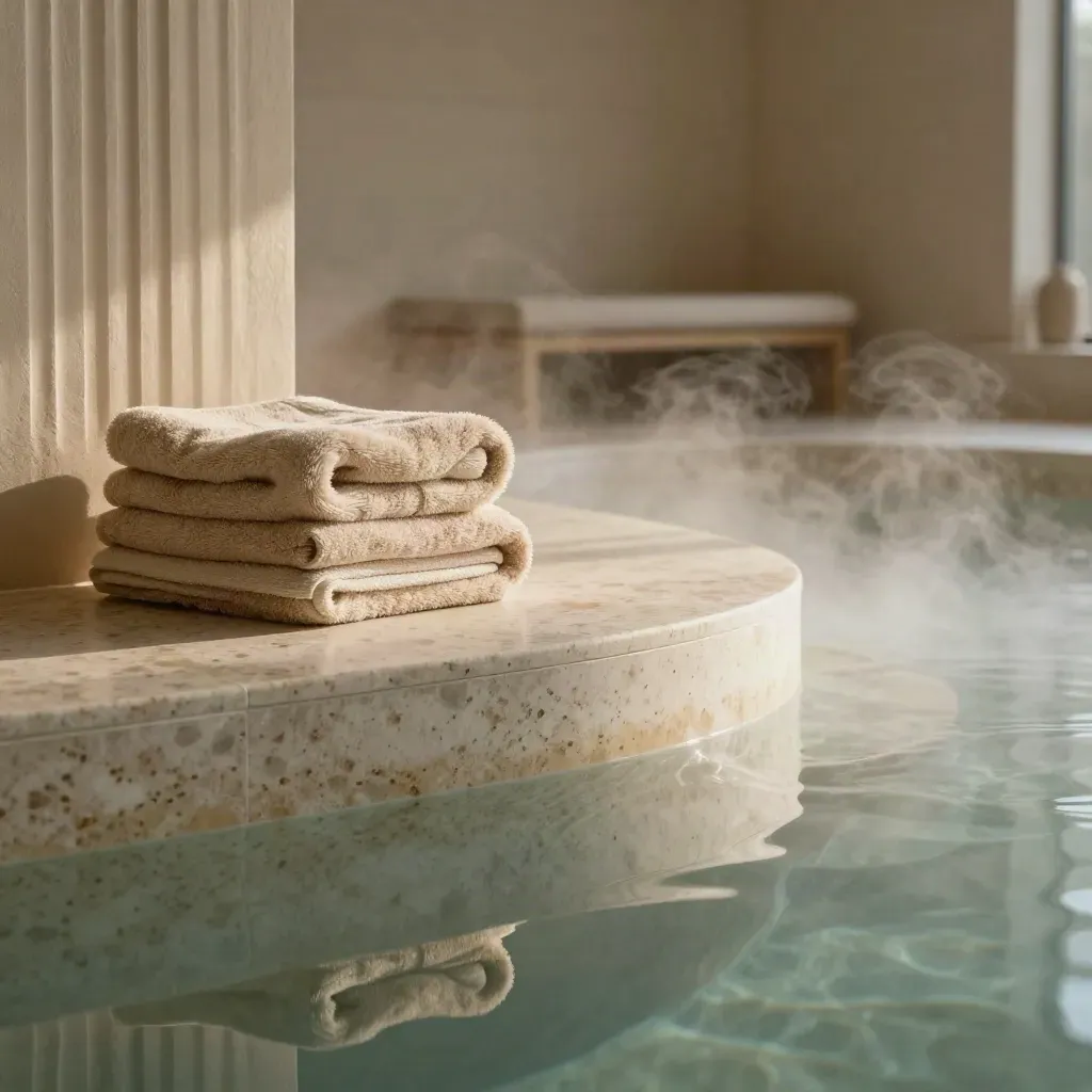 Steam-filled wellness pool room with curved stone edge, towels, ribbed walls and a distant bench.