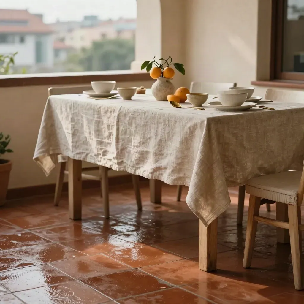 Rain-fresh breakfast terrace with linen tables, citrus stems, and city light beyond