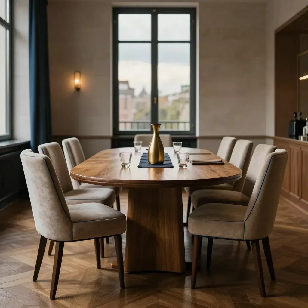 Empty hotel event salon with oak table, upholstered chairs, and soft window light over a calm floor.