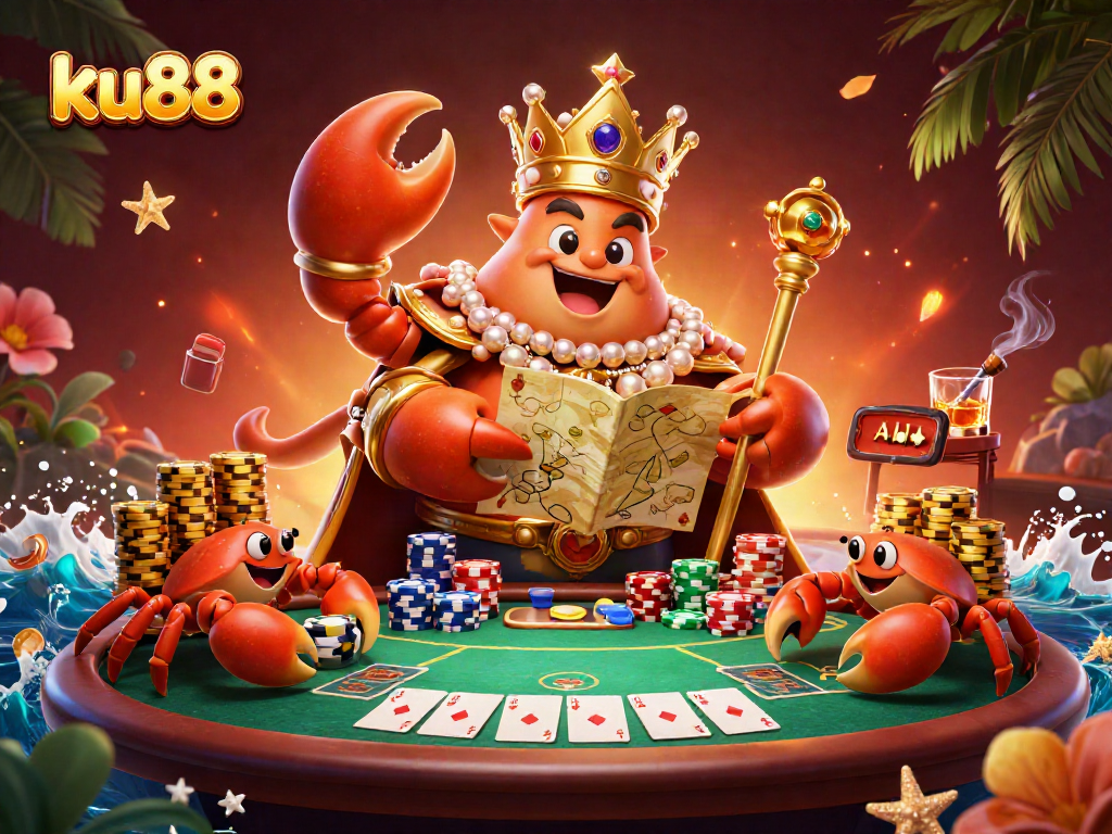 ku88 offers thrilling gameplay as a golden crab emperor commands a vibrant poker scene.