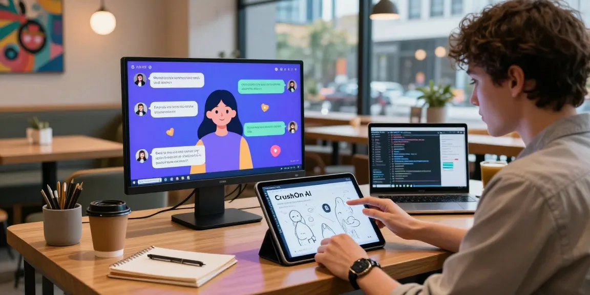 Engaging user experience with CrushOn AI in a tech cafe, showcasing vibrant chat interactions.