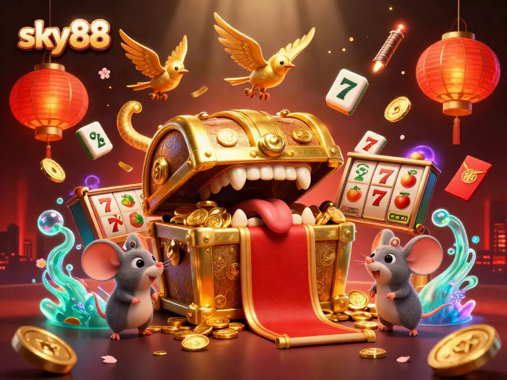 Experience thrilling bets with sky88, a vibrant 3D scene of a treasure chest and slot game elements surrounded by dynamic gambling symbols.
