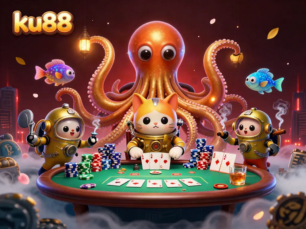 ku88 showcases an exciting casino scene with a kraken, diving cat, poker elements, and more.