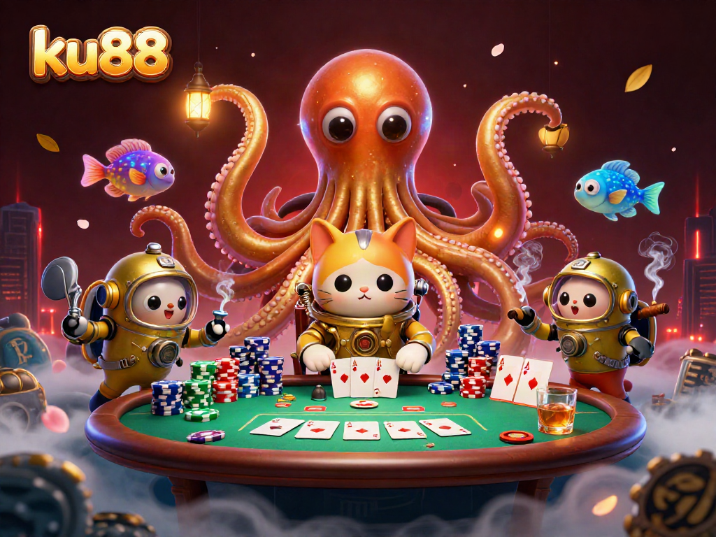 ku88 showcases an exciting casino scene with a kraken, diving cat, poker elements, and more.