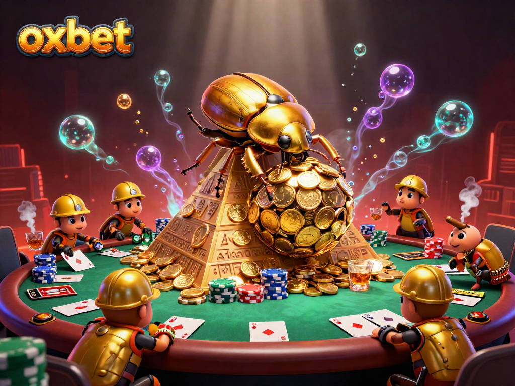 Experience the thrilling action at OXBET with a vibrant 3D illustration of cartoon beetles in a casino setting.