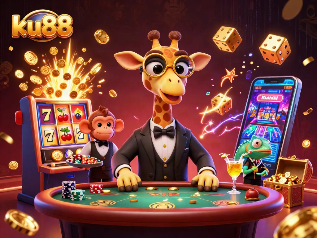 ku88 offers thrilling casino experiences with a high-roller giraffe enjoying poker and monkey valet amidst vibrant gaming elements.