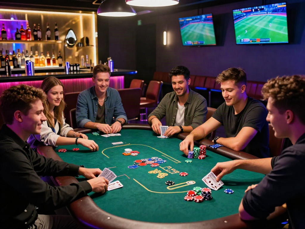 Friends enjoying a lively game night at a stylish poker table, featuring rokok88 link alternatif gaming options amidst vibrant lounge atmosphere.